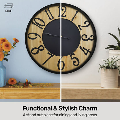 Home Master® Wall Clock Wood & Metal Look Stylish Design Large Numbers 60cm