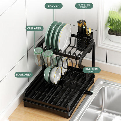 2tier Kitchen Drying Drainer Cup Tray Holder Dish Rack Cutlery Organiser Storage