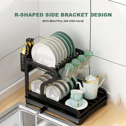 2tier Kitchen Drying Drainer Cup Tray Holder Dish Rack Cutlery Organiser Storage