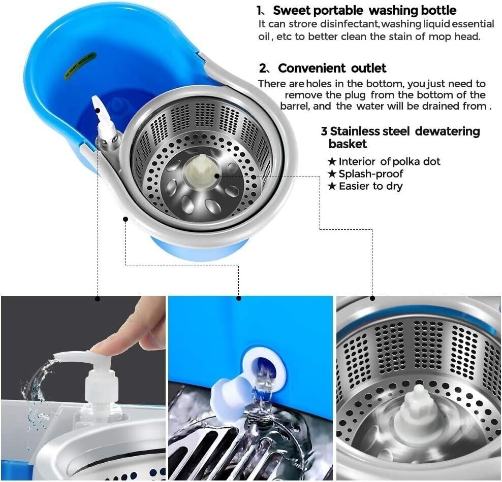 Easy Clean 360° Spinning Mop Stainless Steel Bucket 2 Free Spin Mop Heads Wheel