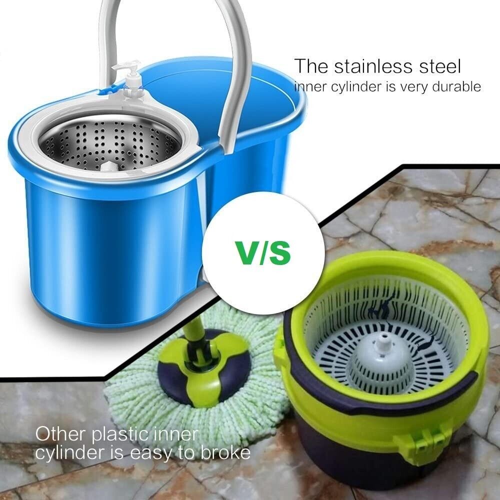 Easy Clean 360° Spinning Mop Stainless Steel Bucket 2 Free Spin Mop Heads Wheel