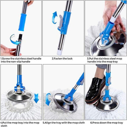 Easy Clean 360° Spinning Mop Stainless Steel Bucket 2 Free Spin Mop Heads Wheel