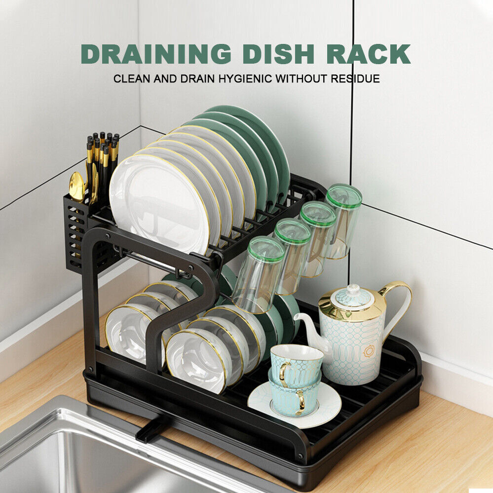 2tier Kitchen Drying Drainer Cup Tray Holder Dish Rack Cutlery Organiser Storage