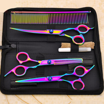 7'' Pet Hair Scissors Tool Grooming Cutting Thinning Curved Shears Comb Kit for Dog Cat Hair Stlyle