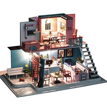 Handmade 3D Wooden Miniatures Doll House Pink Cafe Dollhouse Furniture Diy Miniature Toys for Girls Birthday Gifts