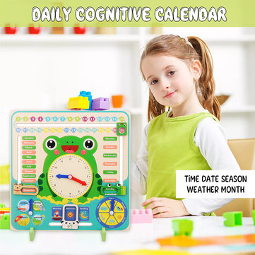 Kids Wooden Frog Clock Calendar Date Weather Board Learning Educational Toys