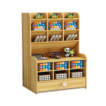 Pen Holder Wooden Pencil Storage Holder Study Home Office Case Rack Drawer