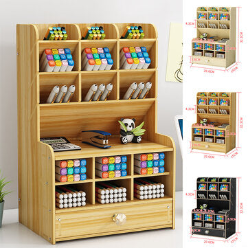 Pen Holder Wooden Pencil Storage Holder Study Home Office Case Rack Drawer