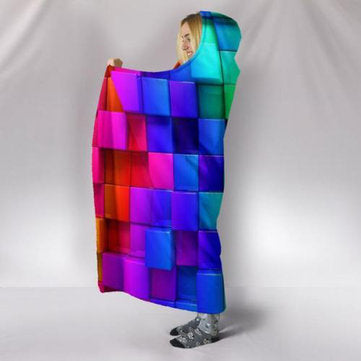 Warm 3D Colored Cubes Hooded Blankets Wearable Soft Towel Plush Mat For Adult Kid
