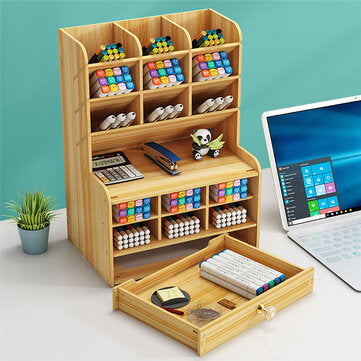 Pen Holder Wooden Pencil Storage Holder Study Home Office Case Rack Drawer