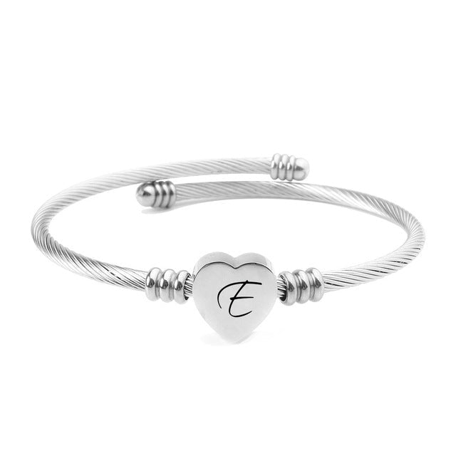 Stainless Steel Bangle 26 Letter Heart Bangle Charm Girls Lady Jewelry Birthday Party Banquet Gifts Fashion Bangle