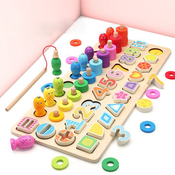 Wooden Toys Rings Montessori Math Toys Counting Fishing Board Child Kids Preschool Educational Learning Gifts