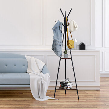 DouxLife® DL-CR01 Coat Rack Stand with 2 Shelves Vintage Hall Tree Free Standing Coat Rack Suitable for Clothes Hat Bag Arrangement
