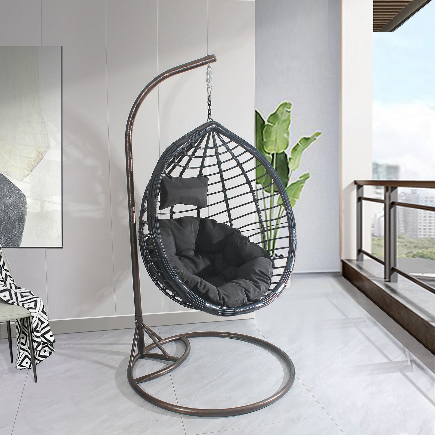 Hanging Egg Chair Stripe Pattern -  Black Basket & Grey Cushion