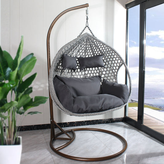 Double Seat Hanging Egg Chair Luxury - With Handle - Grey Basket & Grey Cushion