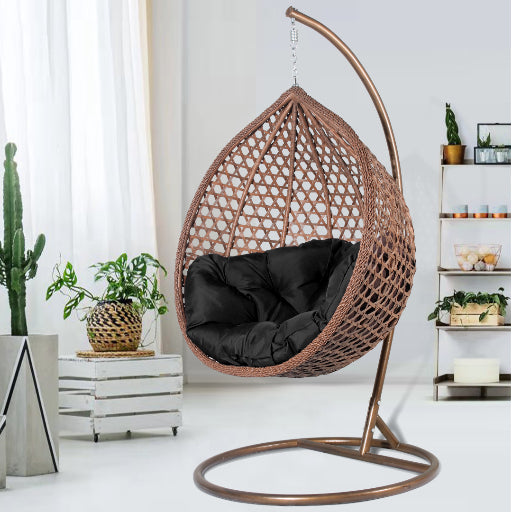 Double Seat Hanging Egg Chair Luxury - Brown Basket & Black Cushion