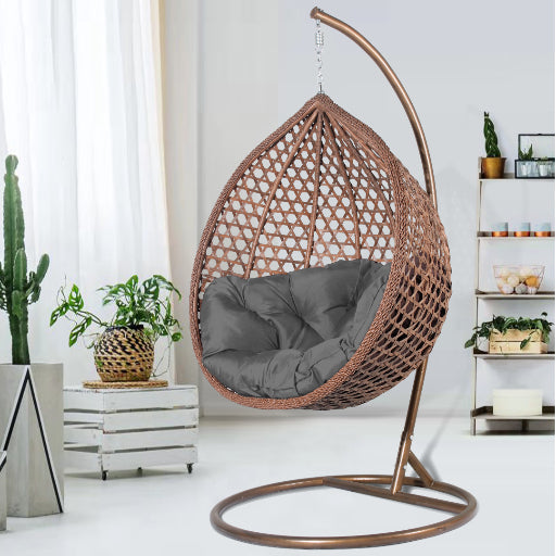 Double Seat Hanging Egg Chair Luxury - Brown Basket & Grey Cushion