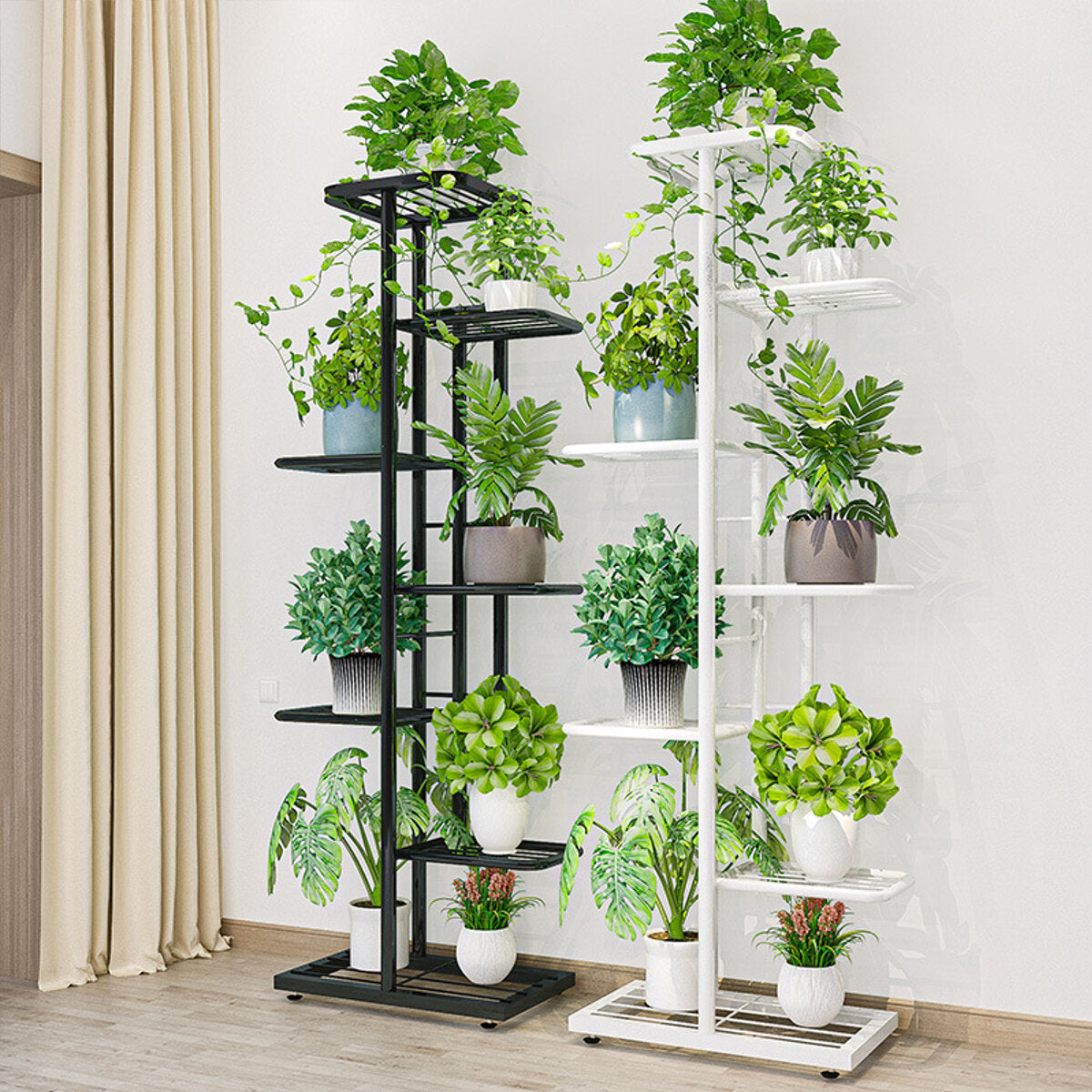 7-TierBlack/White Metal Plant Stand Outdoor Indoor Flower Pot Display Rack Ladder Shelf for Garden - White