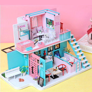 Handmade 3D Wooden Miniatures Doll House Pink Cafe Dollhouse Furniture Diy Miniature Toys for Girls Birthday Gifts