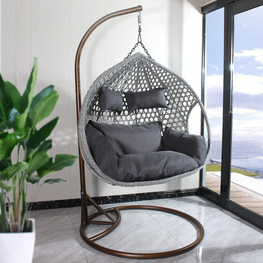 Double Seat Hanging Egg Chair Luxury - With Handle - Grey Basket & Black Cushion