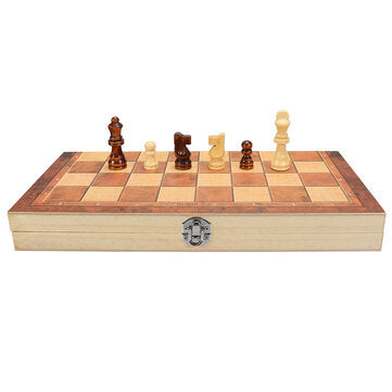 3-in-1 Folding Chessboard Wood Chess Board Box Puzzle  Kids Adult Game Toy with Chess