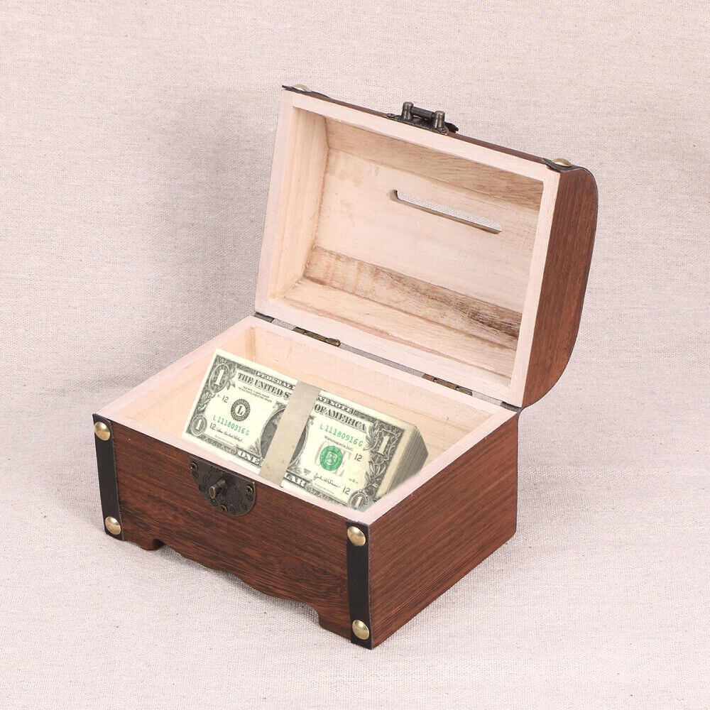 Wooden Treasure Chest Retro Money Storage Box Case
