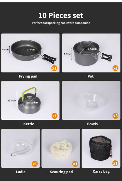 10Pcs Camping Cookware Set Outdoor Hiking Cooking