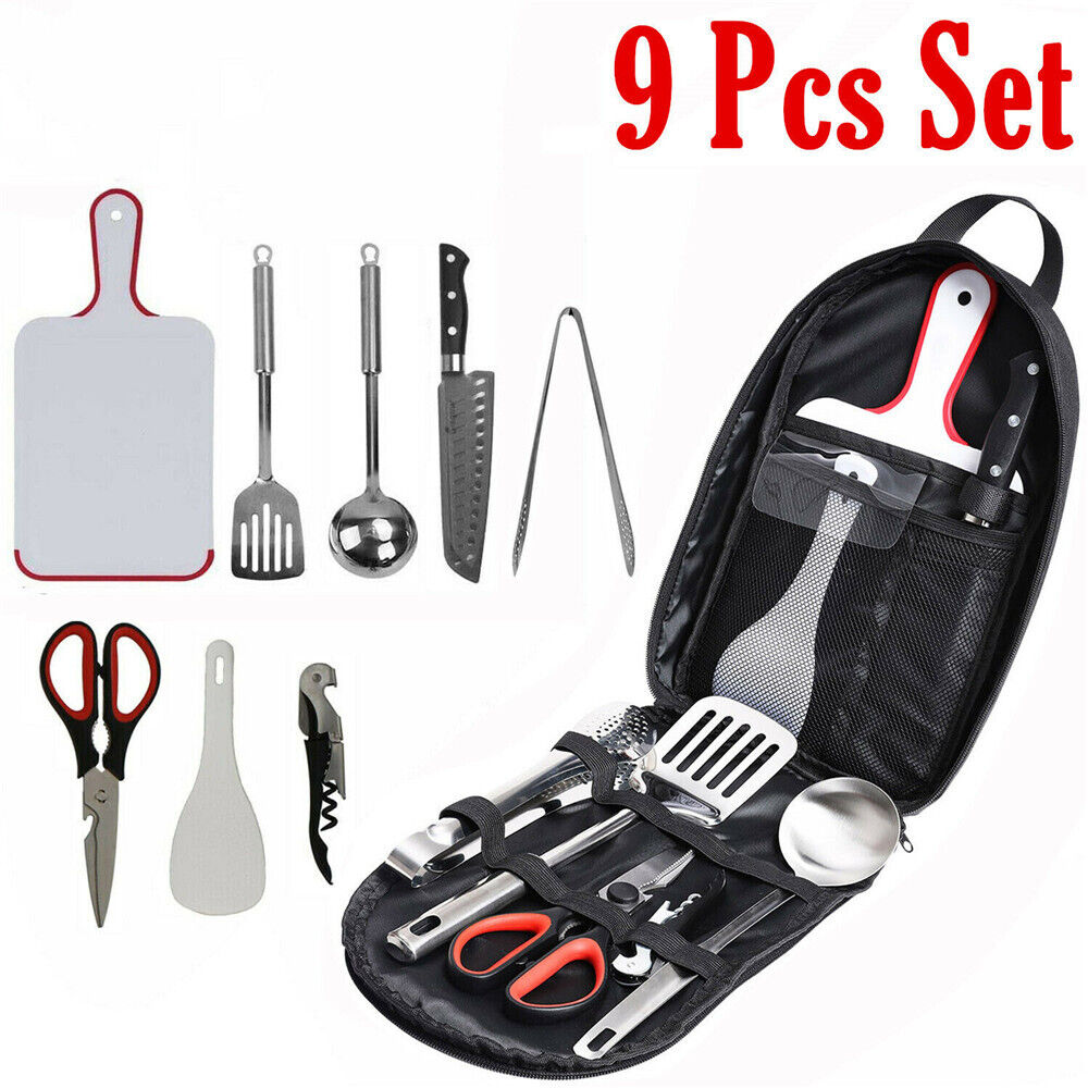 9Pcs/set Camping Utensils Set Outdoor Cooking BBQ