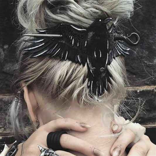 Hairpin with a Black Raven Crow Bat Barrette Vintage Animal HairClip Restyle US