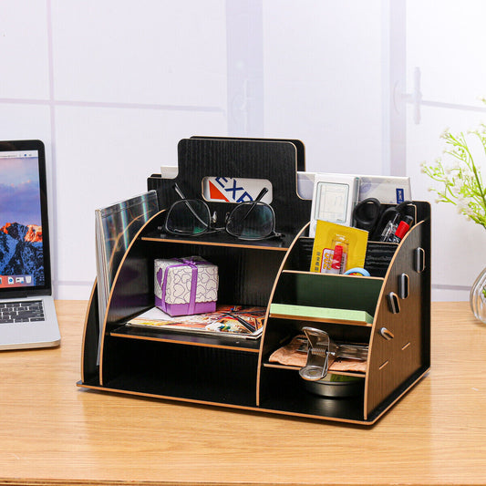 Office Desk Wooden File Organiser Brush Storage Container