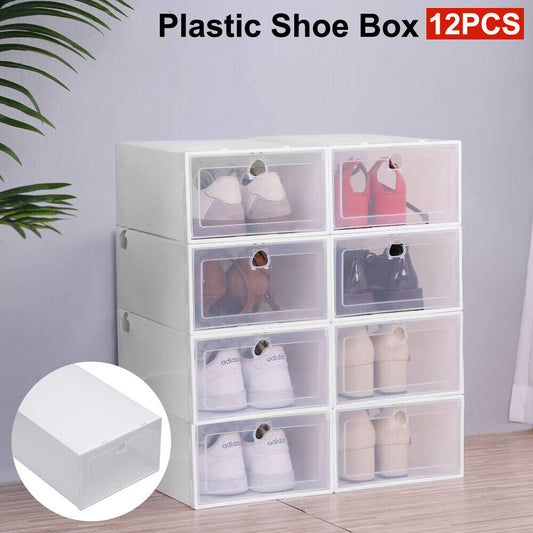 12Pcs Clear Shoe Box Storage Case Boxes Foldable Stackable Organizer Transparent