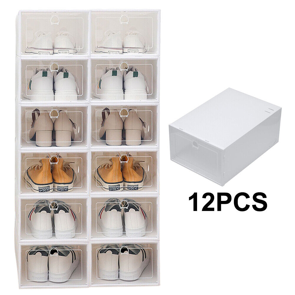 12Pcs Clear Shoe Box Storage Case Boxes Foldable Stackable Organizer Transparent