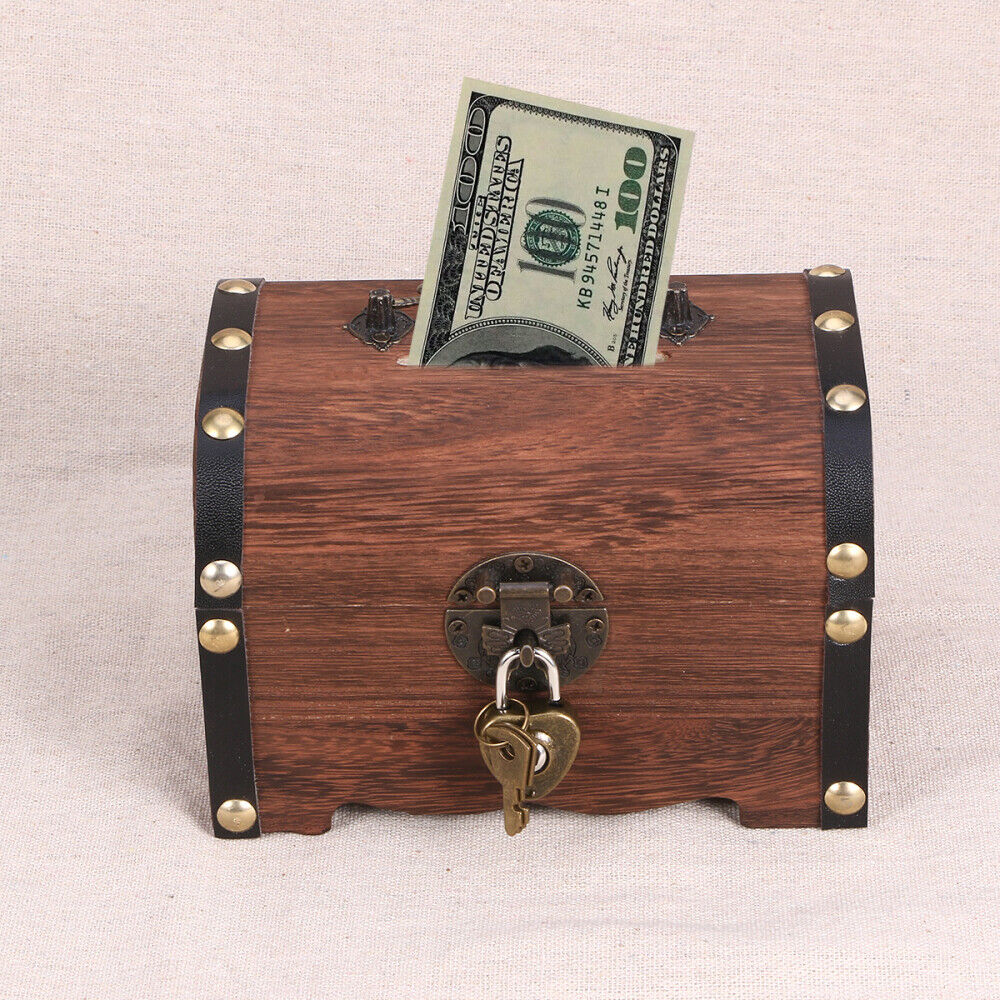 Wooden Treasure Chest Retro Money Storage Box Case